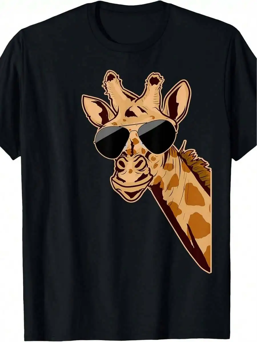 Men's Funny Novelty Giraffe With Glasses & Brown Spotted Animal Print T-Shirt Lightweight Breathable Theme Party Outfit, 100%