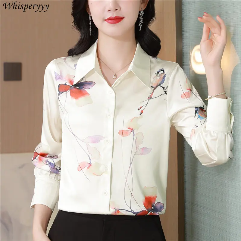 New Chinese Style Printed Shirt Loose Turn-down Collar Long Sleeve Thin Button Tops Women Spring Autumn Fashion Blouse Female