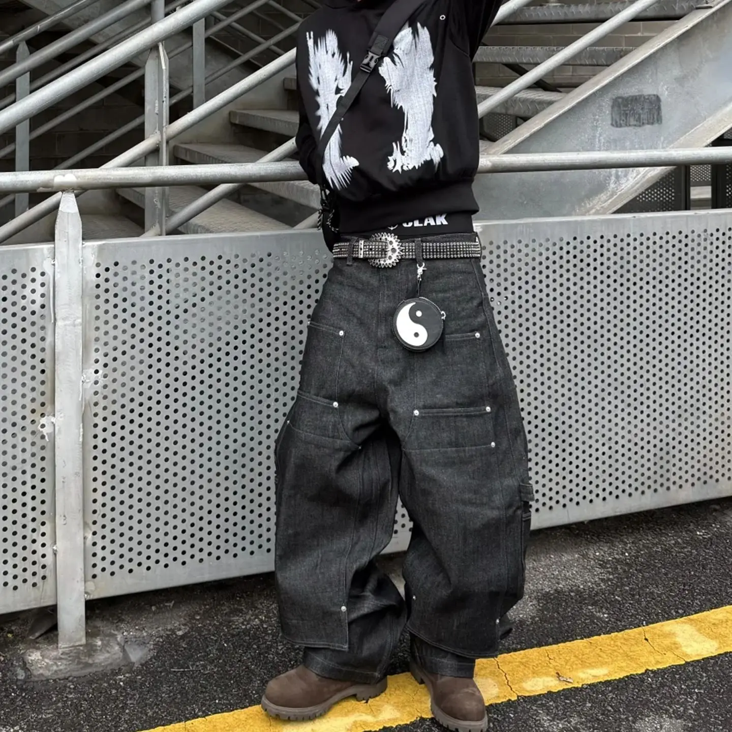 Men's Black Jeans Large Pocket Design Retro Sweatpants Bottom Street Cool Boy Casual Pants Male High Waist Y2k Trousers