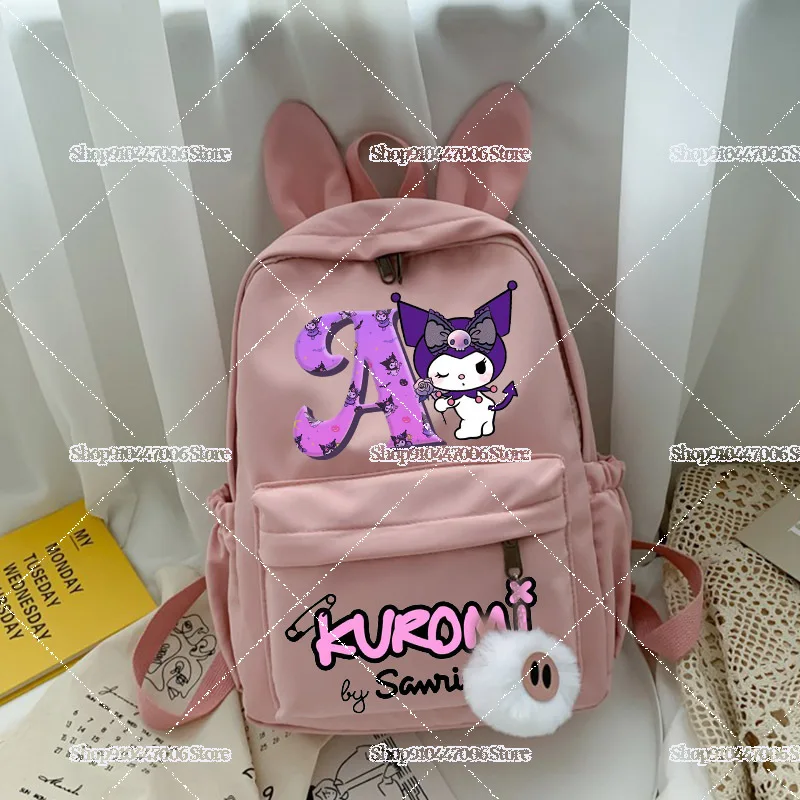 Kawaii Kuromi Letter Print Backpack Cartoon Figure School Bag Boys Girls Schoolbags Fashion Large Capacity Bookbag with Ear Gift