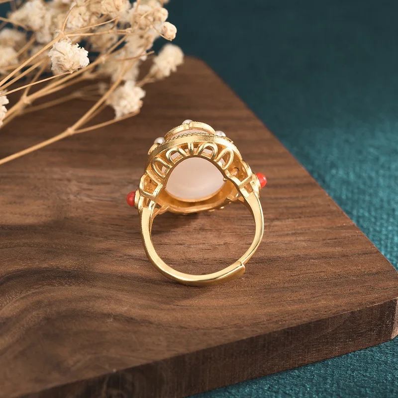 Ancient Law Inheritance Gold-Plated Palace Chinese Style Elegant Ring Enamel Color White Jade South Red Pearl Ring Women Jewelry