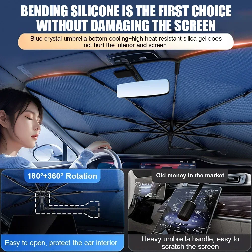 Upgraded 360° rotating windshield sunshade, with a bendable arm handle, foldable for easy use, black