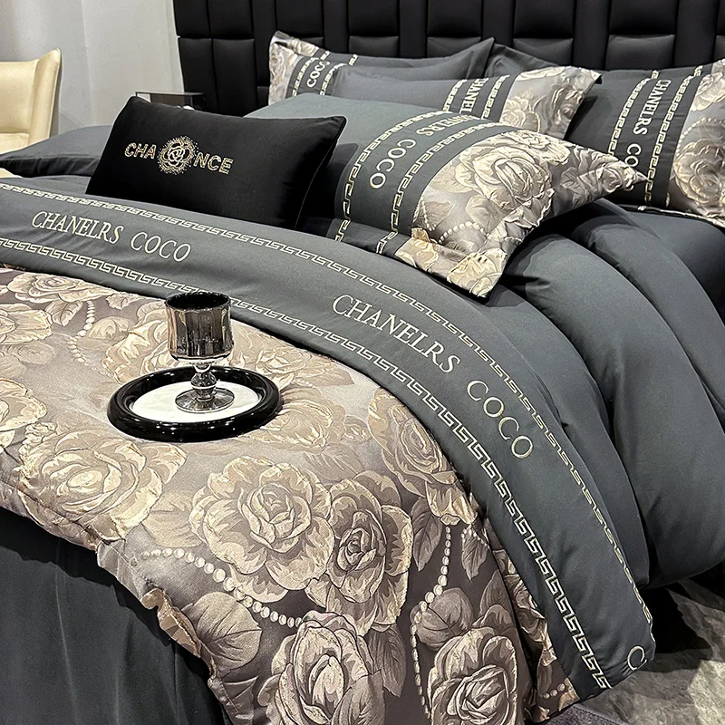 Golden Relief Flowers Jacquard Embroidery Bedding Set King Queen Size Duvet Cover Fitted Bed Sheet Pillowcases Home Textiles