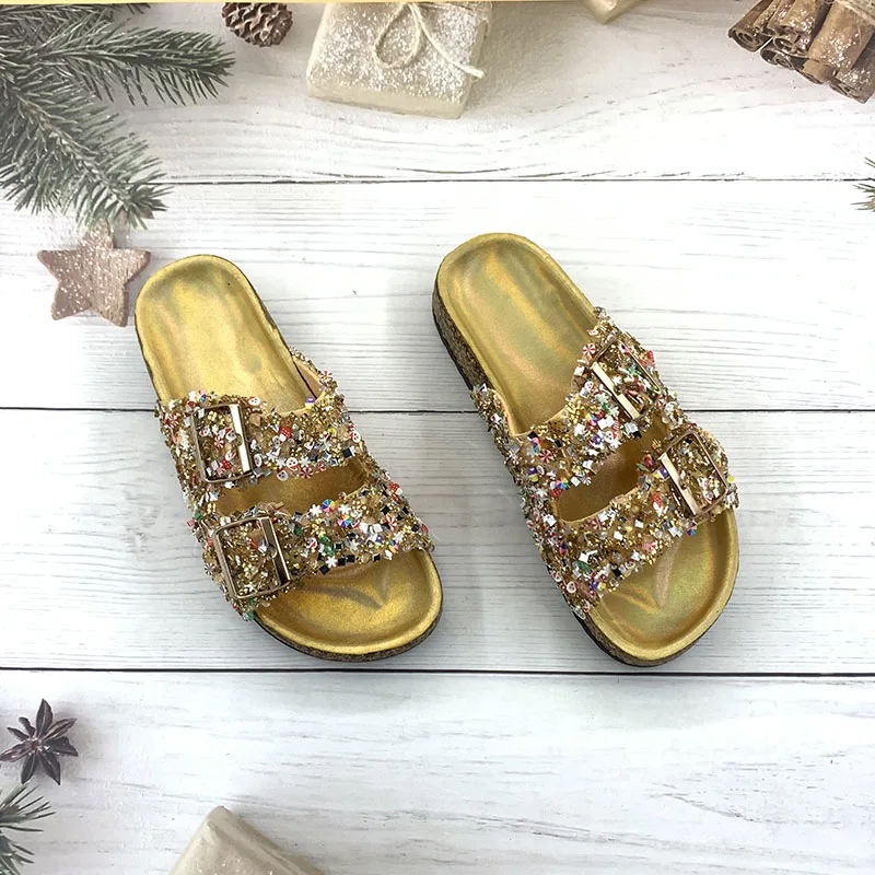 Ladies Slippers Casual Summer Flat Bling Diamond Slipper Metal Buckle Street Retro Flip Flop Beach Sandals