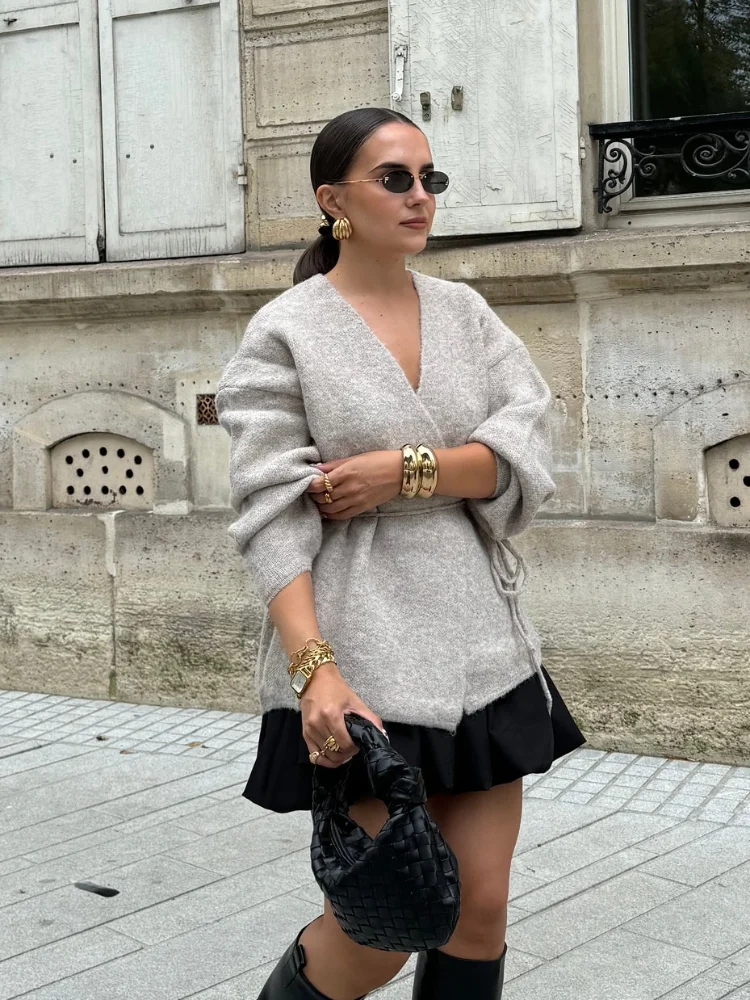Cárdigan de punto liso con cordones para mujer, suéter informal cálido con cuello en V y manga larga, suéter ajustado, prendas de punto suaves para