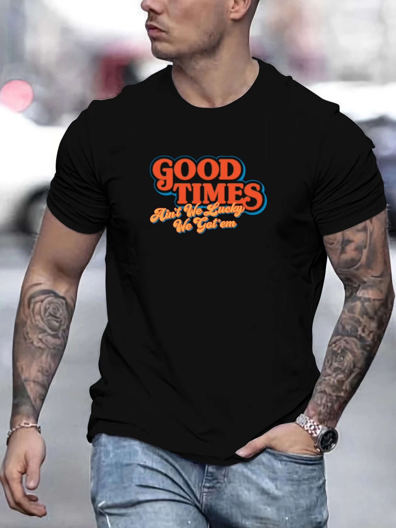 

Мужская летняя повседневная короткая футболка с круглым вырезом GOOD TIMES со слоганом