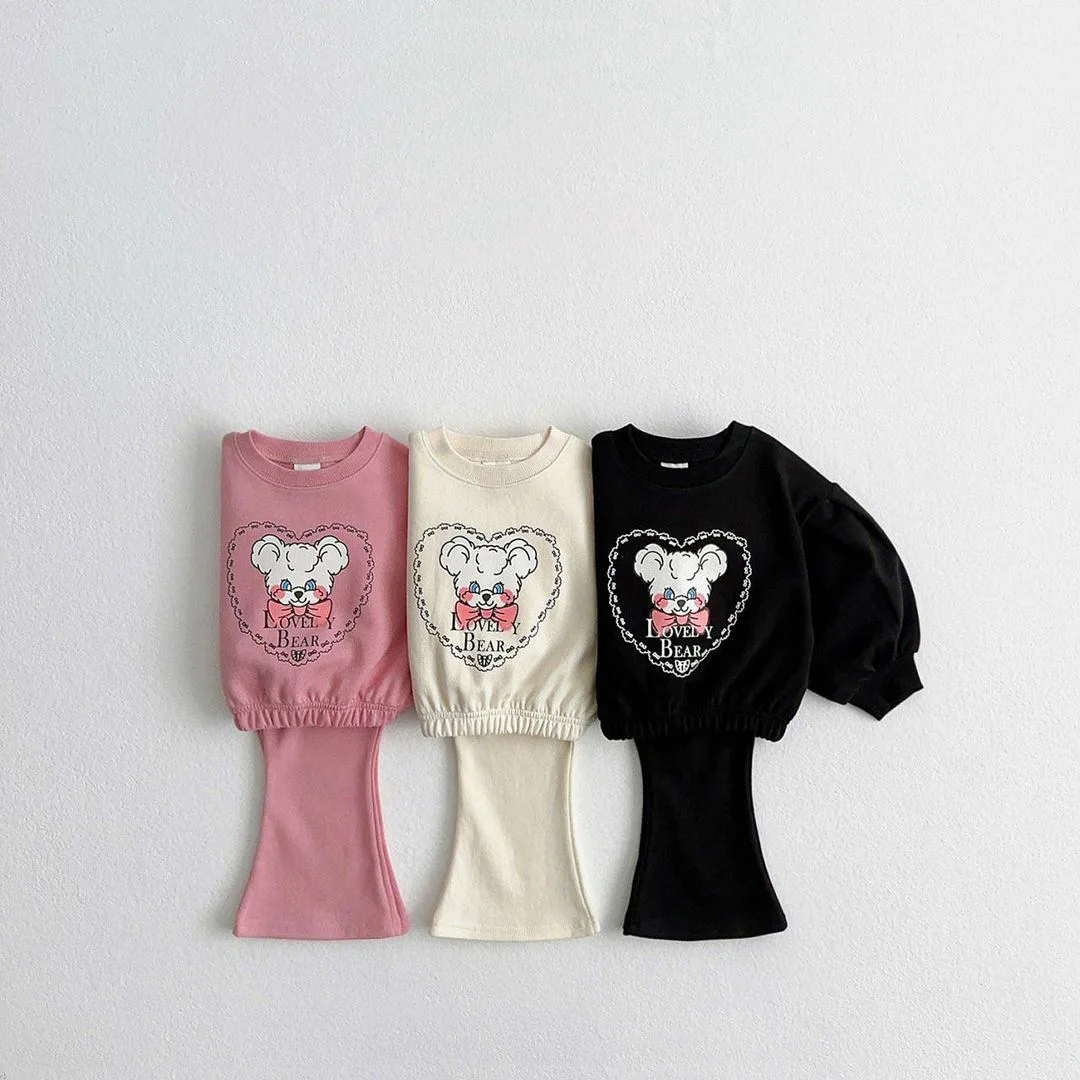 2024 Korean Children Girl 2PCS Clothing Set Cotton Cartton Print Sweatshirt Solid Flared Pant Toddler Girl Outfit Kid Girl Suits