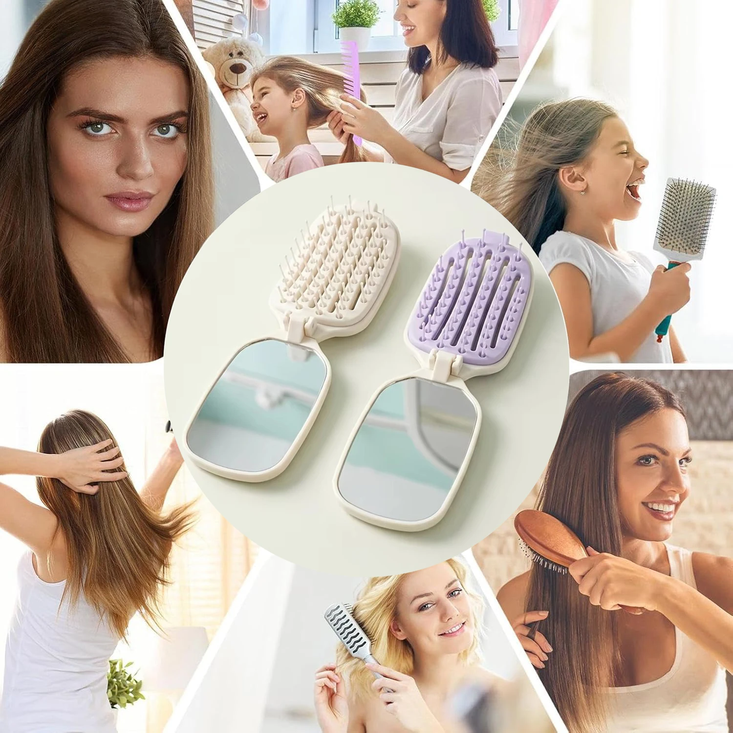 Automatic Cleaning Folding Hair Comb Pork Rib Comb with Scalp Massager Mirror,Portable Folding Suitable for Voluminous Long Hair