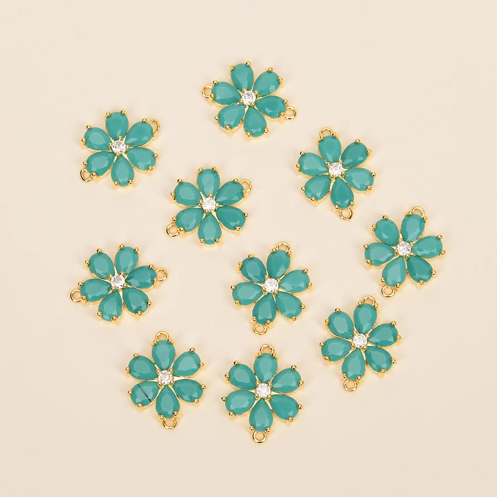 APDGG 10 Pcs 17mm Blue Jade Crystal Paved Flower Gold Plated Bezel Sets Connector Pearl Necklace Pendant Jewelry DIY
