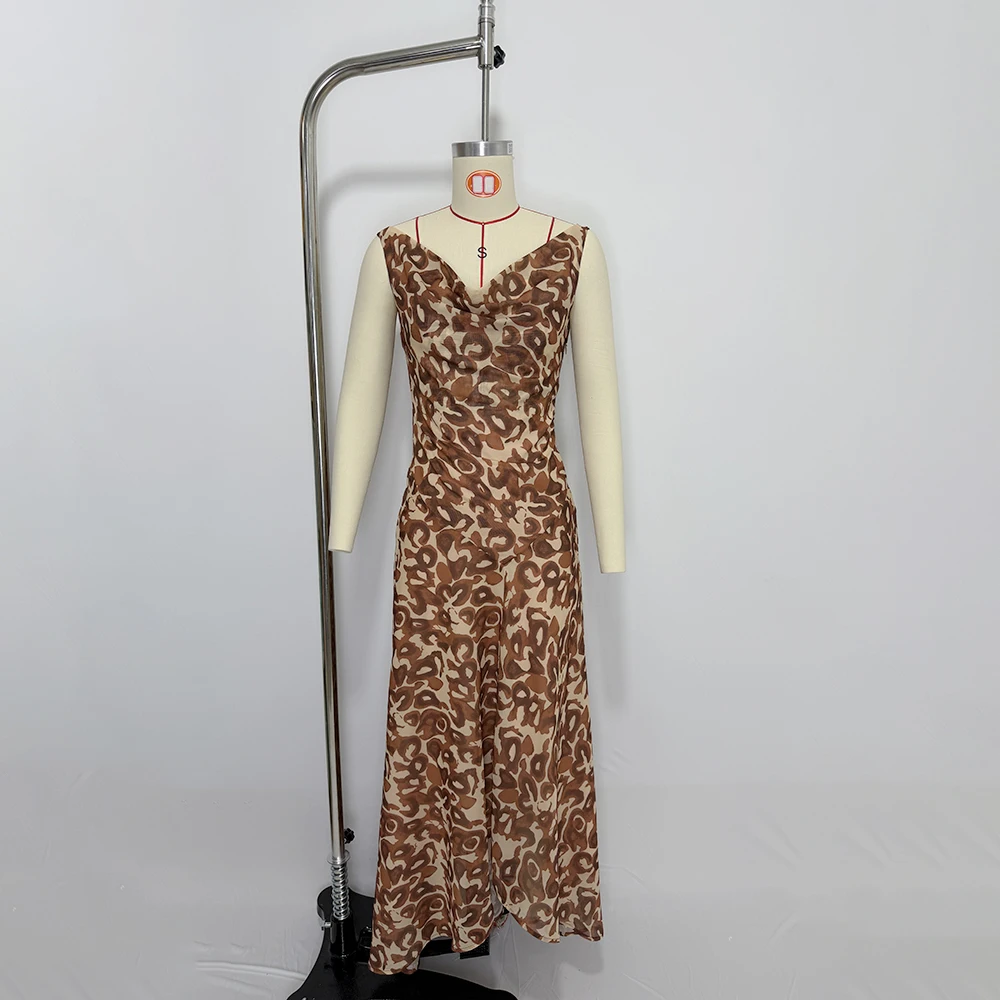 Sexy Retro Leopard Print Cowl Neck Maxi Dress Elegant Backless Sheer Mesh Bodycon Long Dresses for Women Birthday Party Club