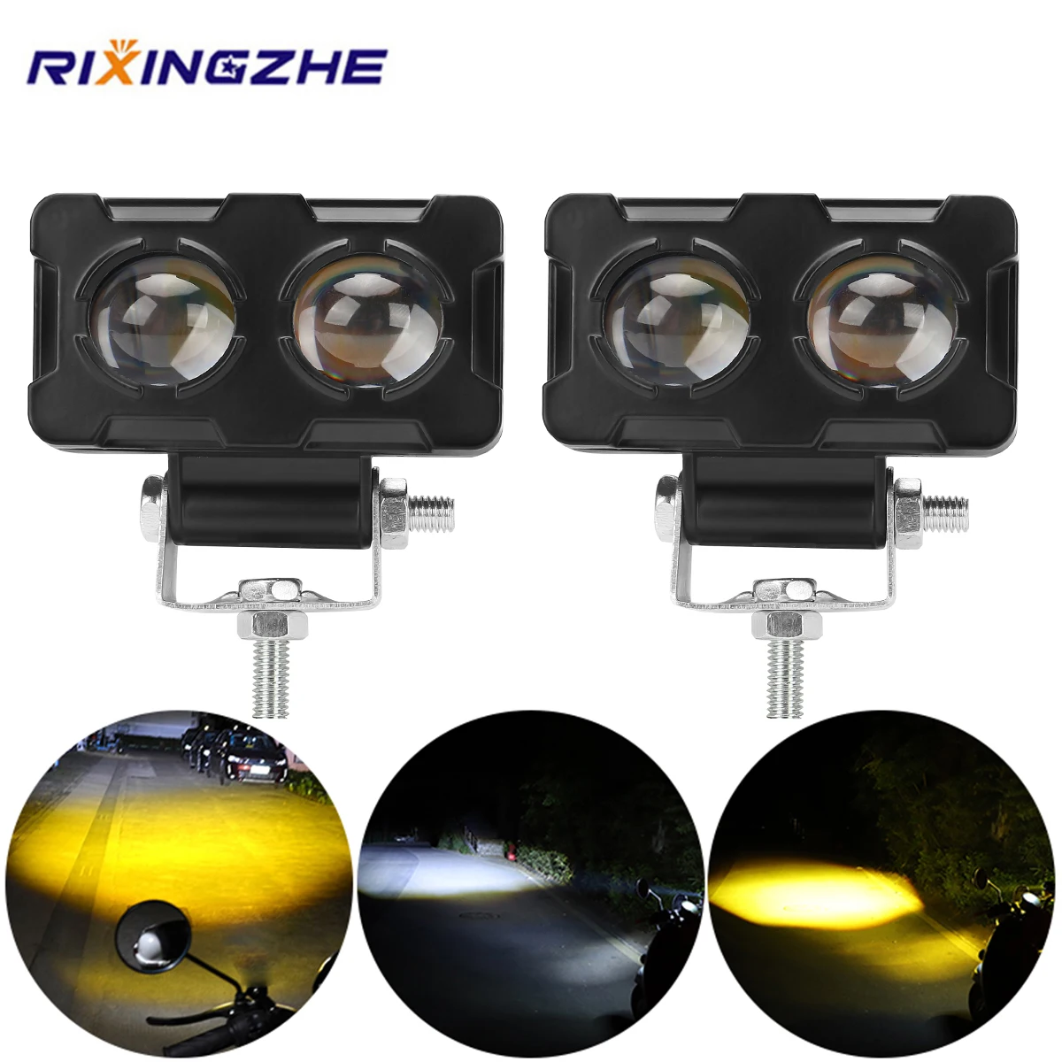 

2pcs 2 Lens Super bright Dual Color LED Spotlights Motorcycle LED Foglight Headlight White Yellow Light Moto Auxiliary Fog Lamp