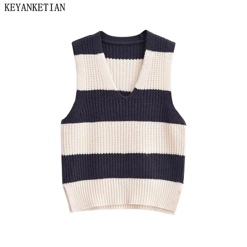 KEYANKETIAN Autumn New Women\'s Color Matching Jacquard Knitted Vest Fashion Leisure Loose V-Neck Sleeveless Waistcoat Crop Top