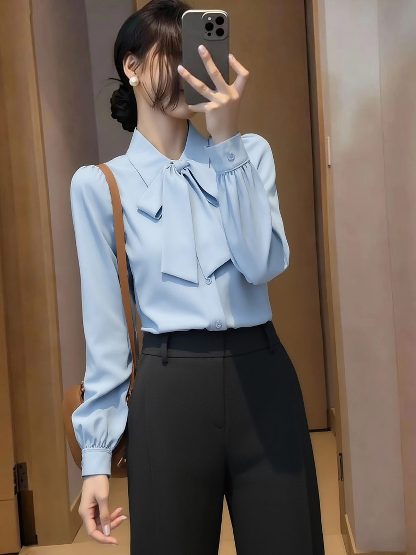 

Ele Pure Color Long Sve Women's irt with Knot Belt Korean Sle Commute Straight Tube Design Spring Faion