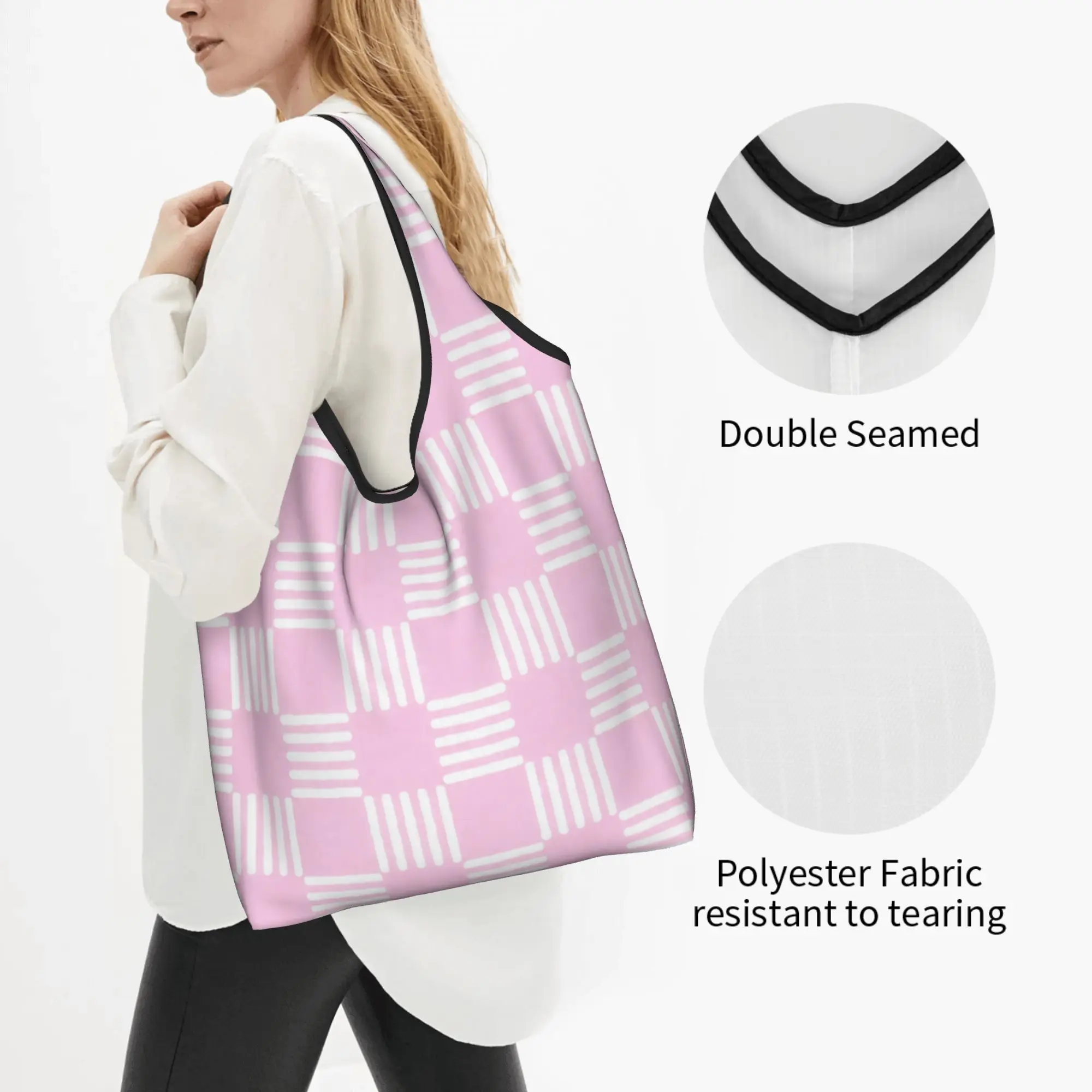 Fashion Printing Plaid Light Pink And White Checks Shopping Tote Bag Portable Shopper Shoulder  Handbag