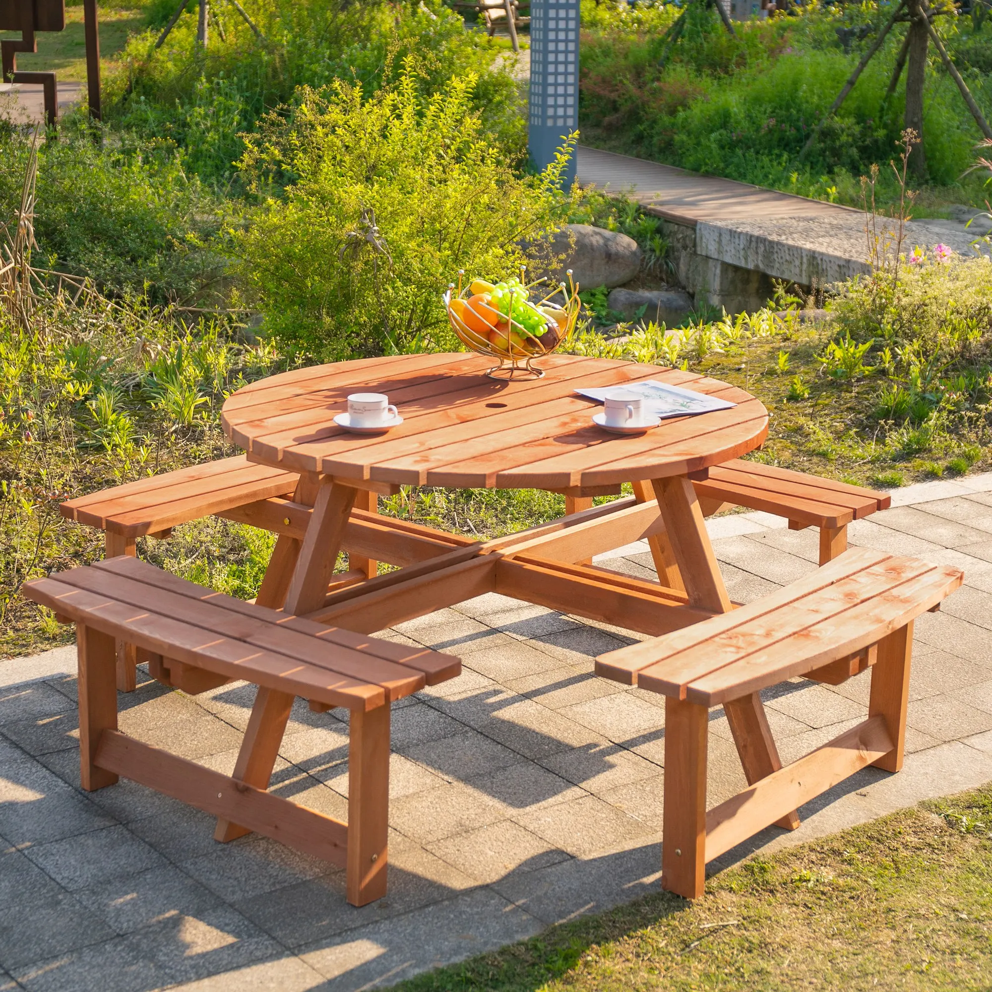 

Outsunny 8 Seater Wooden Picnic Table and Bench Set Patio Dining Set with 4 Benches and Umbrella Hole Outdoor Garden Park