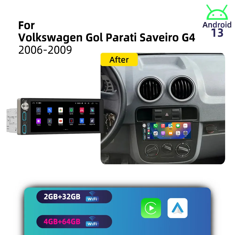 For VW Volkswagen Gol Parati Saveiro G4 2006-2009 CarPlay 6.86 Screen Android 1Din Car Stereo GPS Multimedia Autoradio Radio