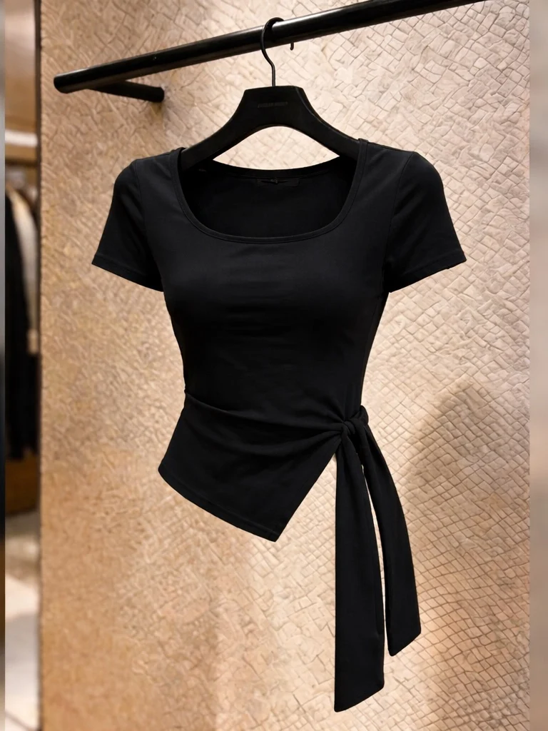 

Summer 2026 Slim Fit Pure Color T-Shirt Women's Fashion Short Sleeve Top Belt Design Anti-Aging Korean Style Silk Material