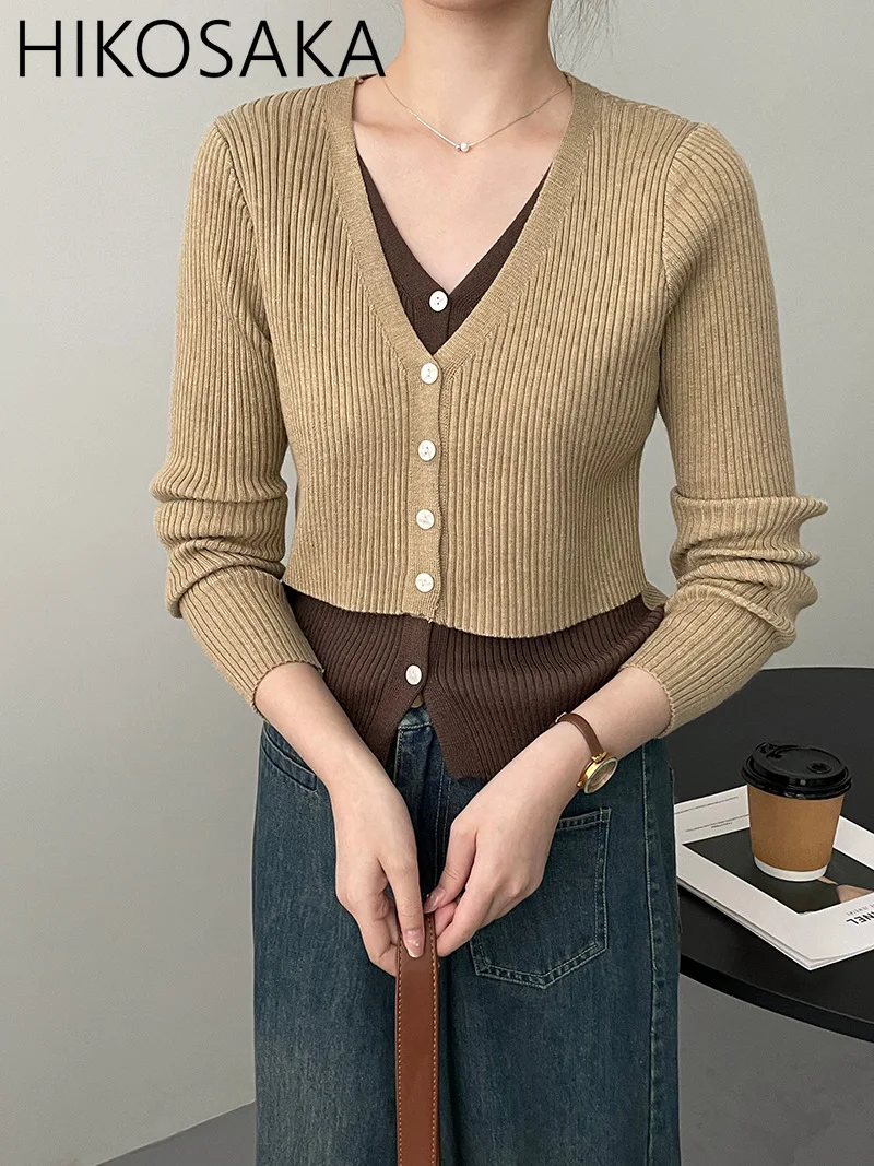 

Chic Fake Two Piece V-neck Contrast Color Knitted Cardigan Vertical Stripes Spliced All-match Sweater Women 2024 Autumn Jumpers