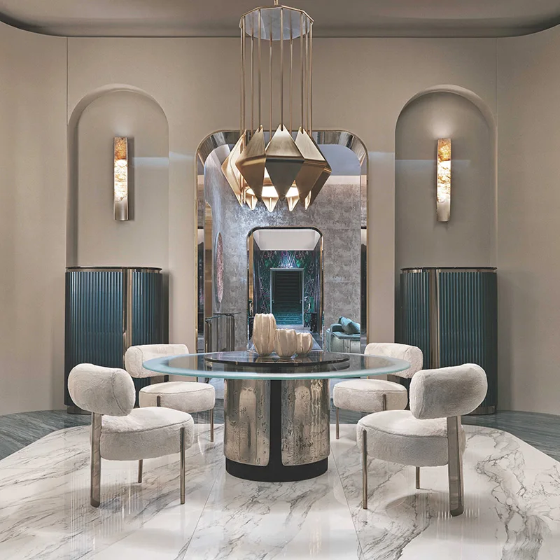 *Luxury Dining Room Round Tempered Glass Top 8 - Seat Stainless Steel Dining Table Set for Villas with Cylindrical Steel Base
