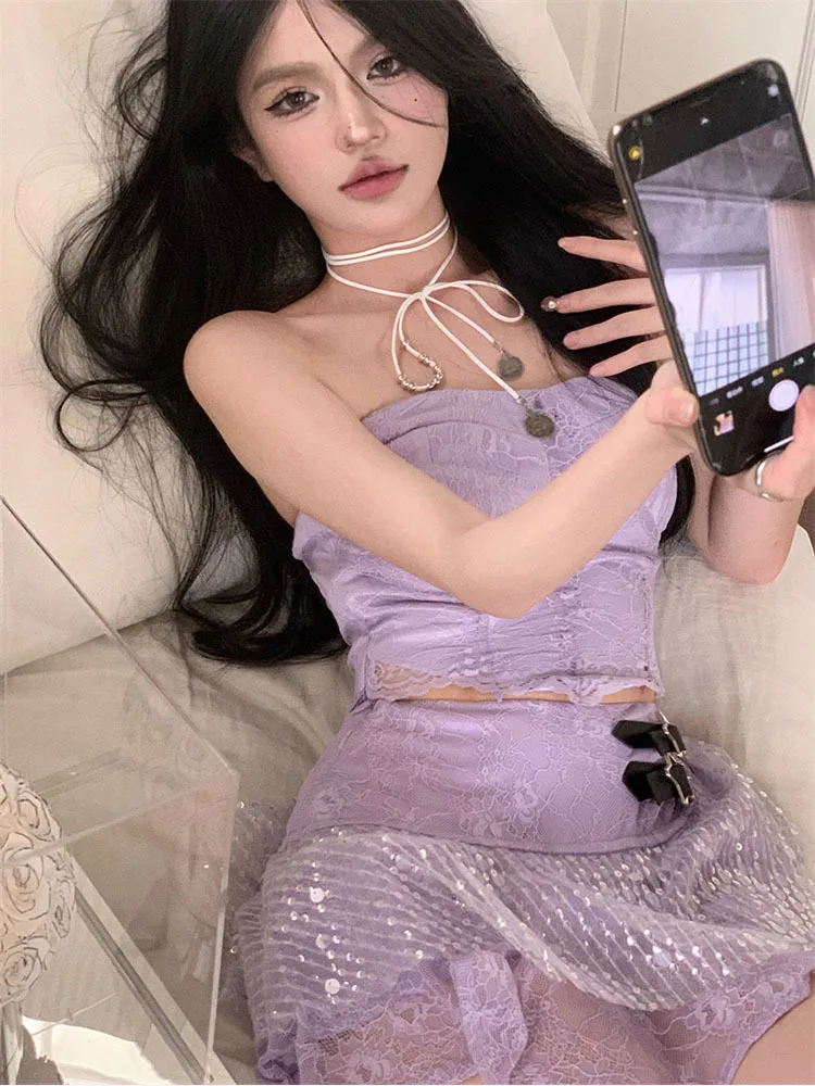 Sweet Set Spicy Girl Lace Bra Vest Top Women\'s Summer High Waist A-line Mini Dress Purple Two Piece Set