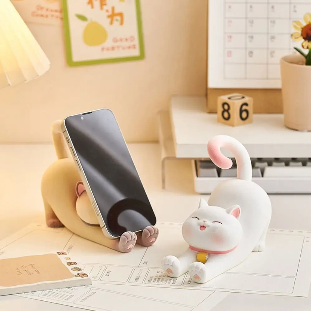 Resin Cat Phone Stand Multi-functional Statue Cat Mobile Phone Holder Anti-slip DIY Crafts Cat Desk Lazy Bracket