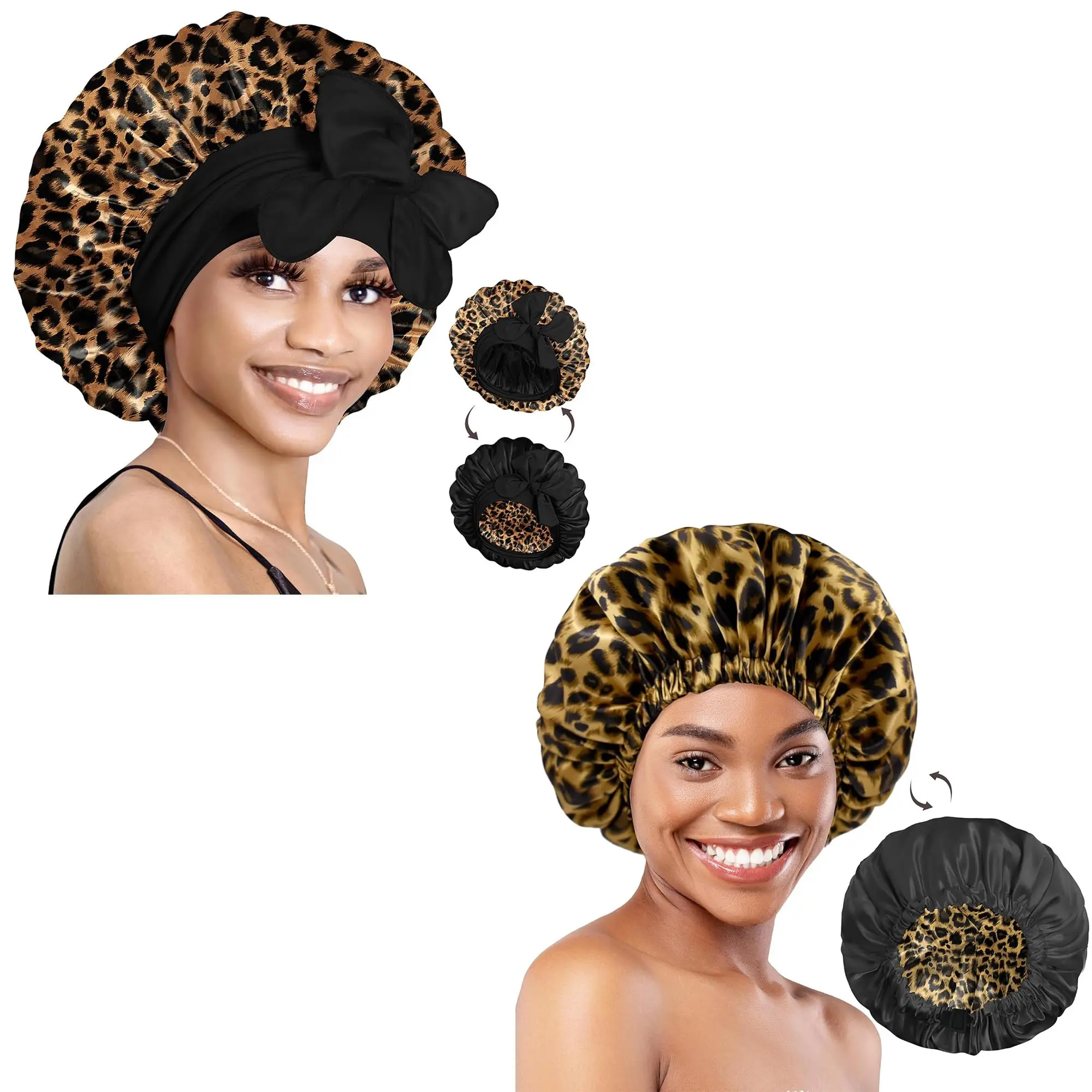 BONNET QUEEN Silk Bonnet for Sleeping Women Hair Reversible Double Layer Satin Tie Sleep Wrap Night Cap Curly Leopard