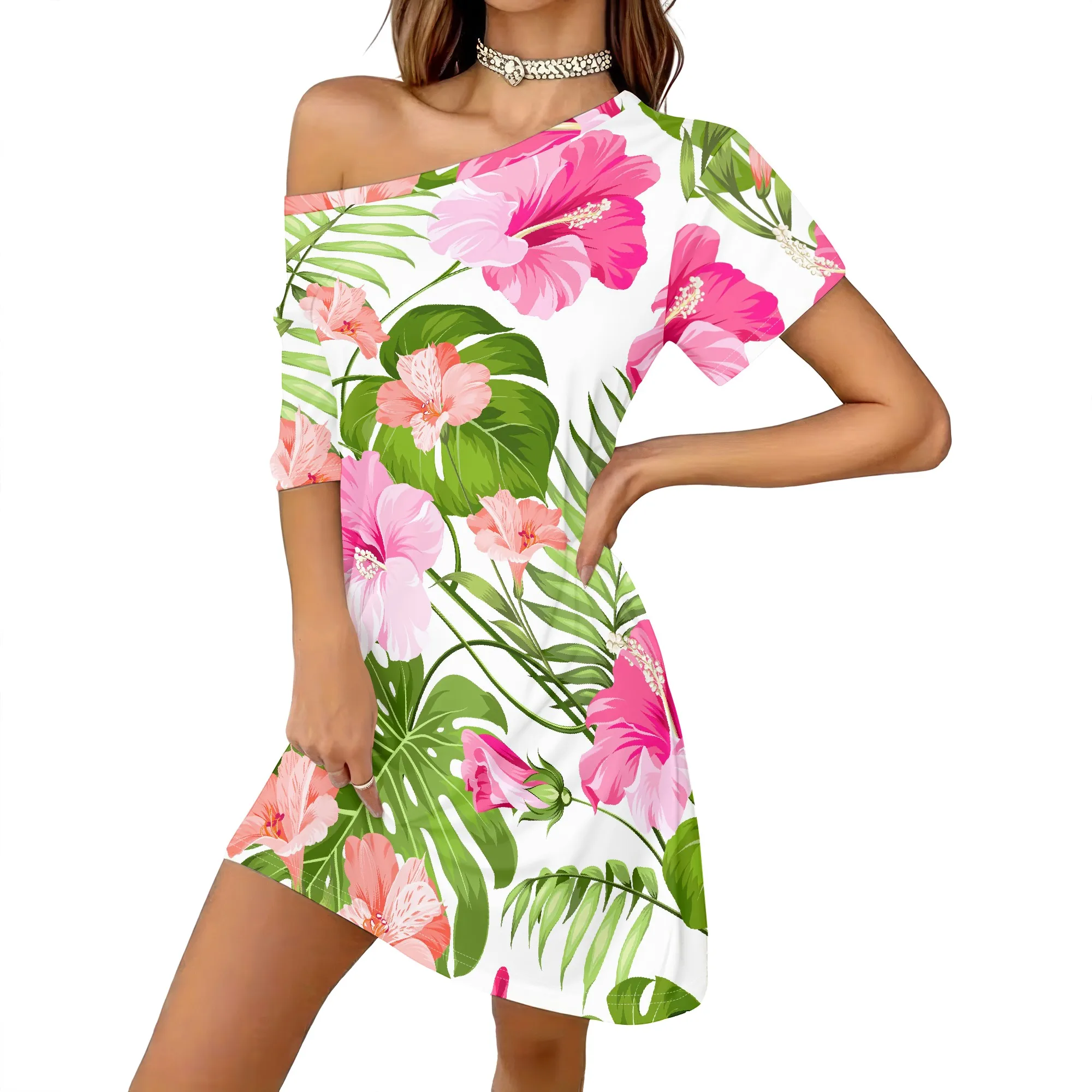 Vibrant Hibiscus Print Dress, Short Sleeve Tunic, Tropical Leaf Pattern, Beach Vacation Outfit, Summer Casual Wear, S-2XL