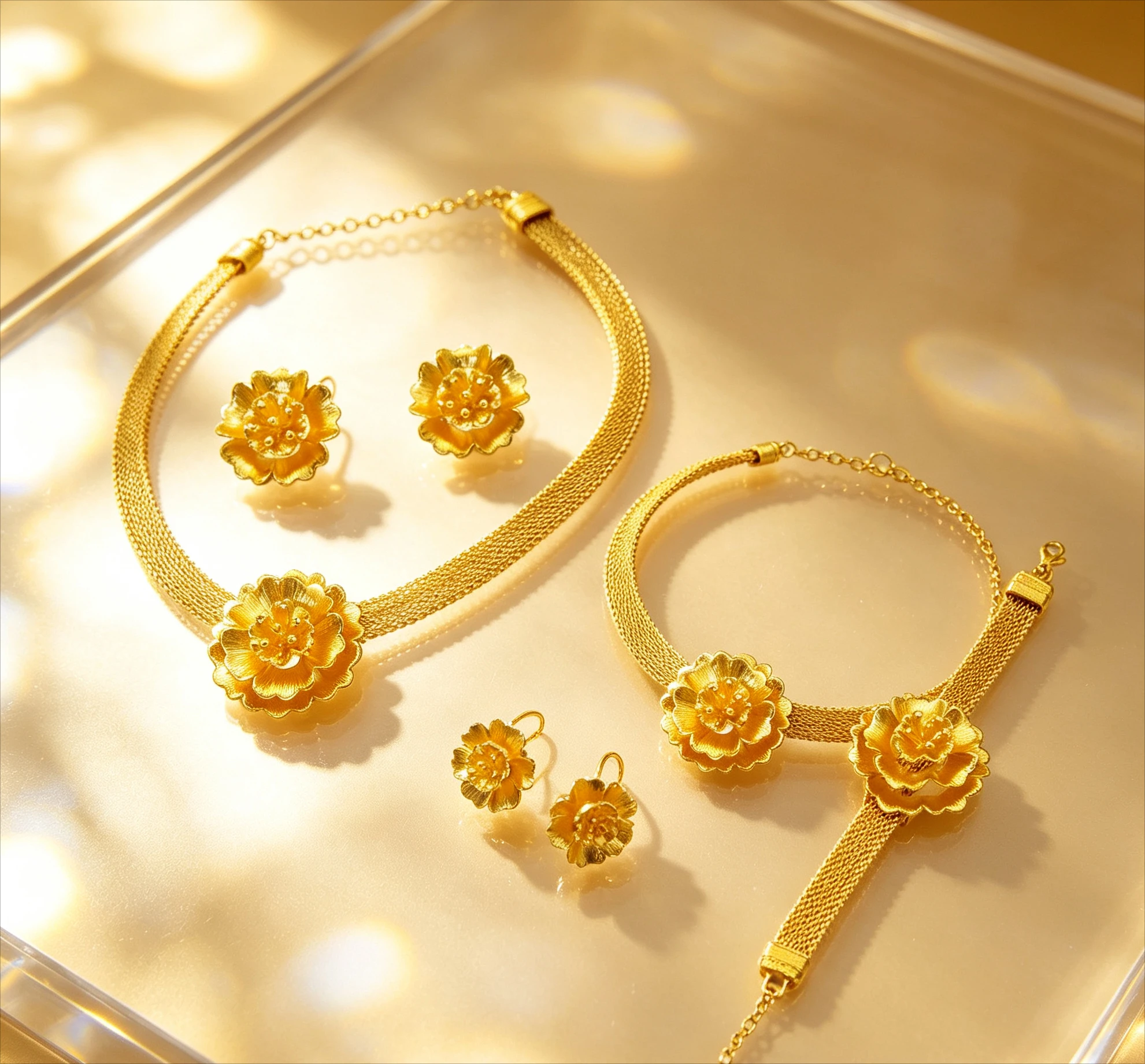 Women 9999 Gold AU999 Flower Tassel Necklace Earrings Ring Bracelet Bride 4-Piece Set - Pure gold gift, auspicious desig  gift