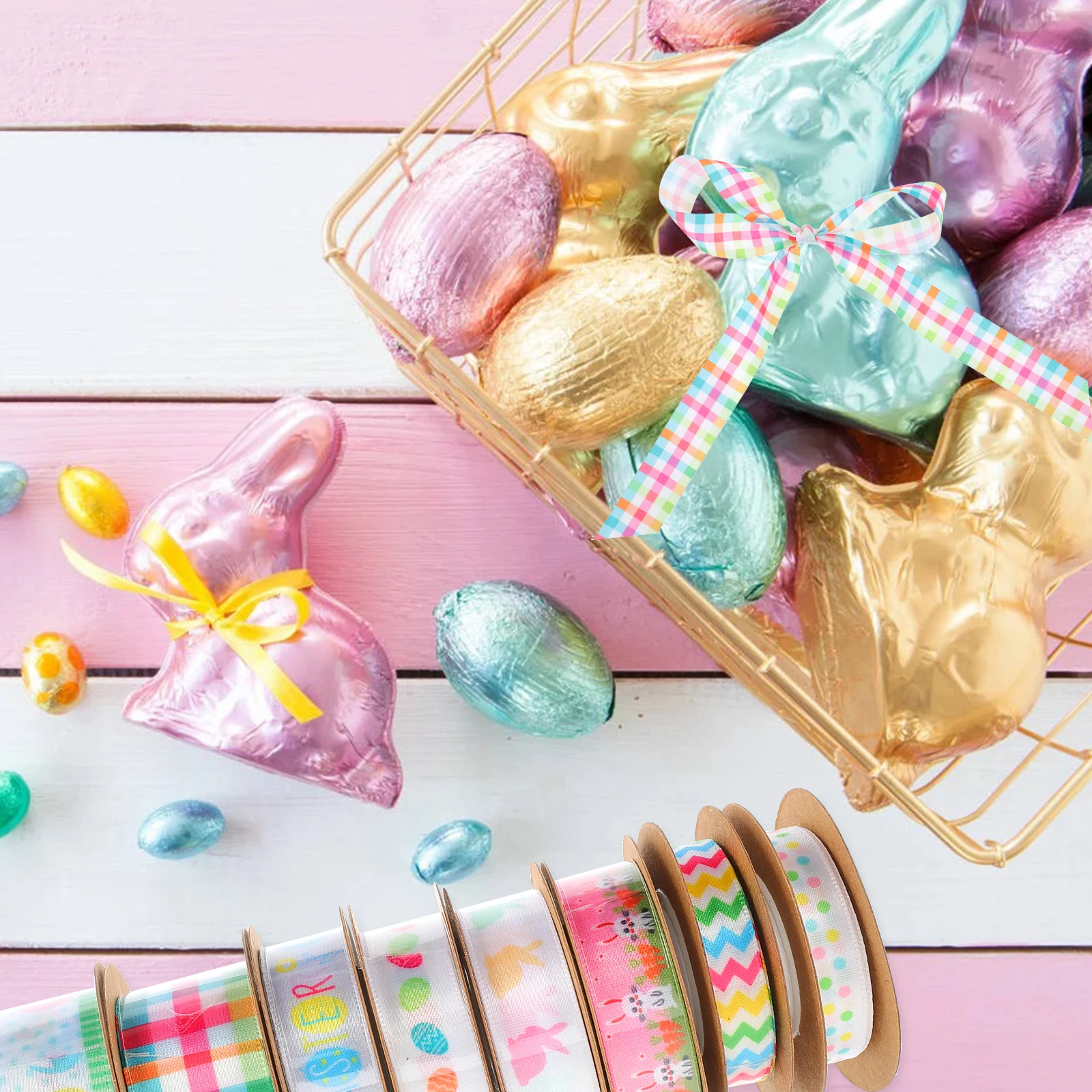 

8 Rolls Bunny Print Ribbons Easter Decorative Craft Polyester Pink Supplies DIY Home Gift Wrapping Party Accessories