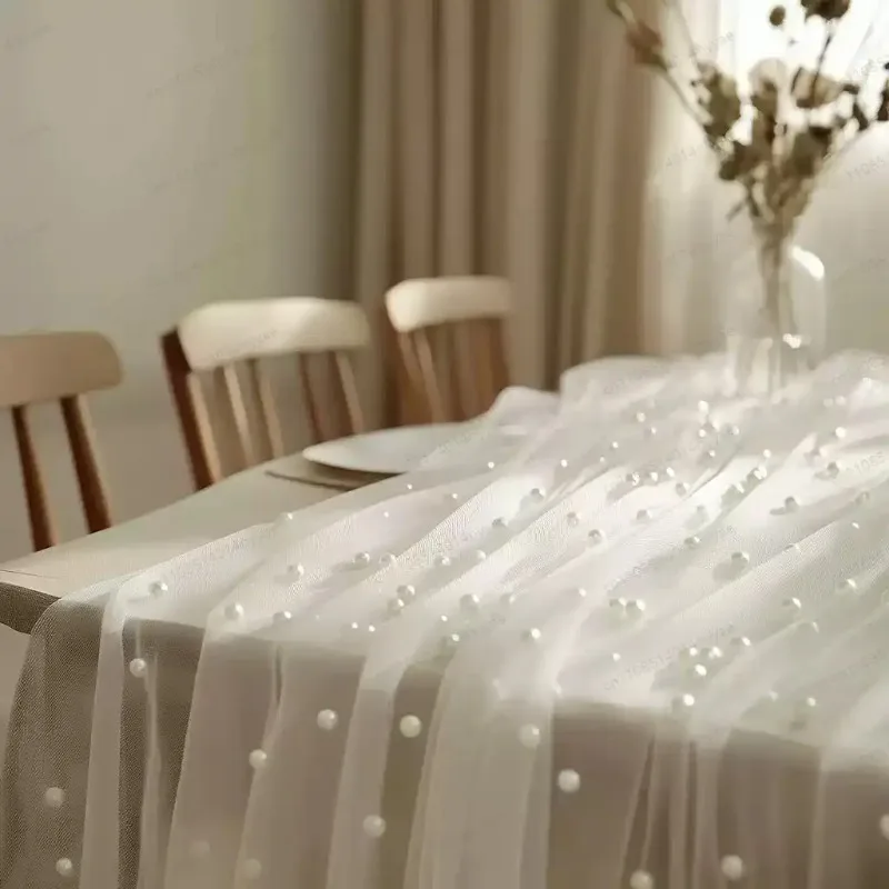European Style 0.75*3M Table Flag Semi Transparent Tulle Lace Table Runner Sheer Drapes Gauze Mesh Pearl Chiffon Curtain Decor