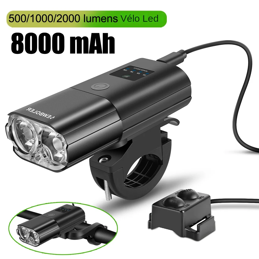 Feu de vélo 1000Lumen 4000mAh, phare de vélo, batterie externe, lampe de poche, guidon, chargement USB, pour vtt, cyclisme sur route