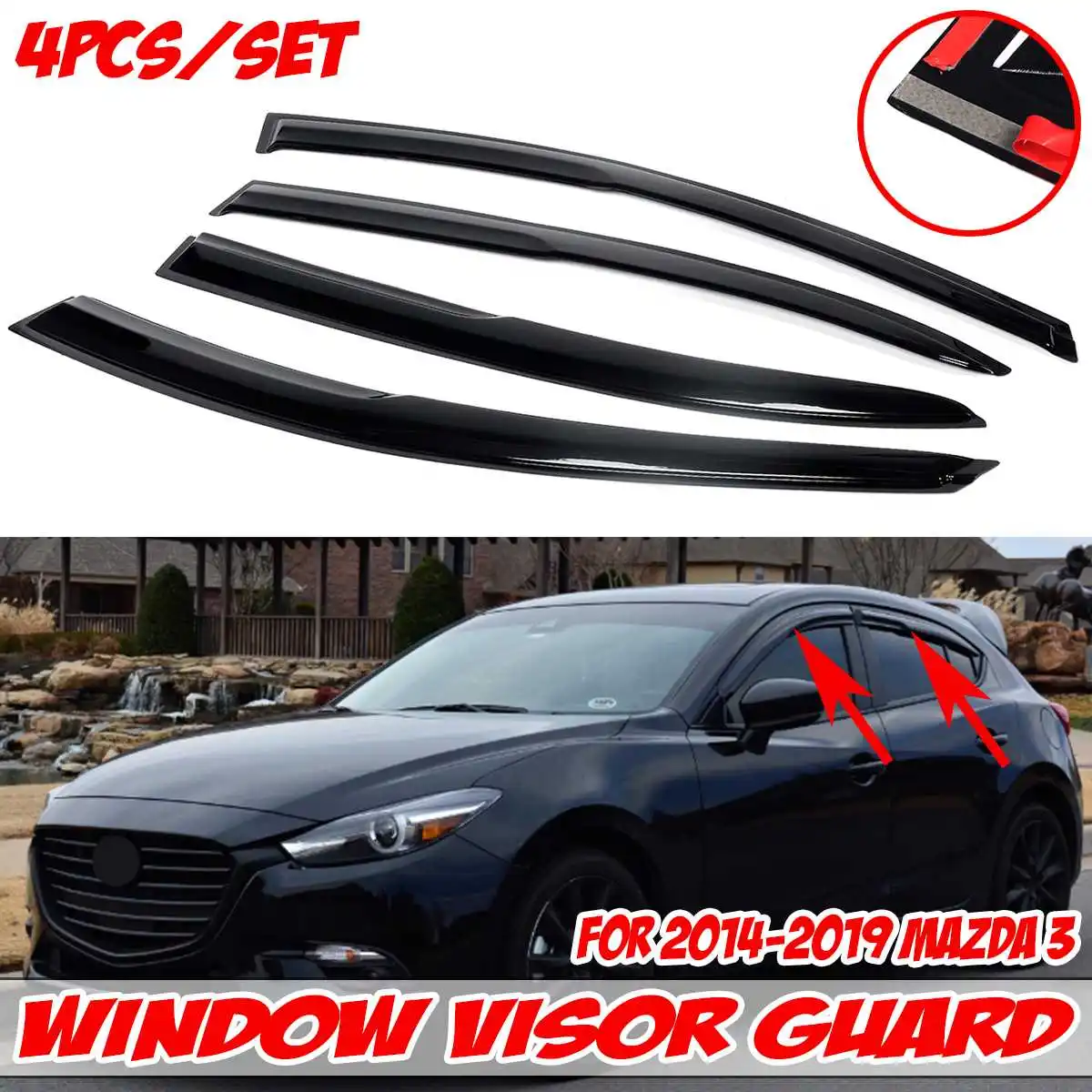 

Car Weathershields Side Window Vent Visor Deflector Sun Rain Guard 4 DR SEDAN For MAZDA 3 2014-2019 Awnings Shelters Shade Cover