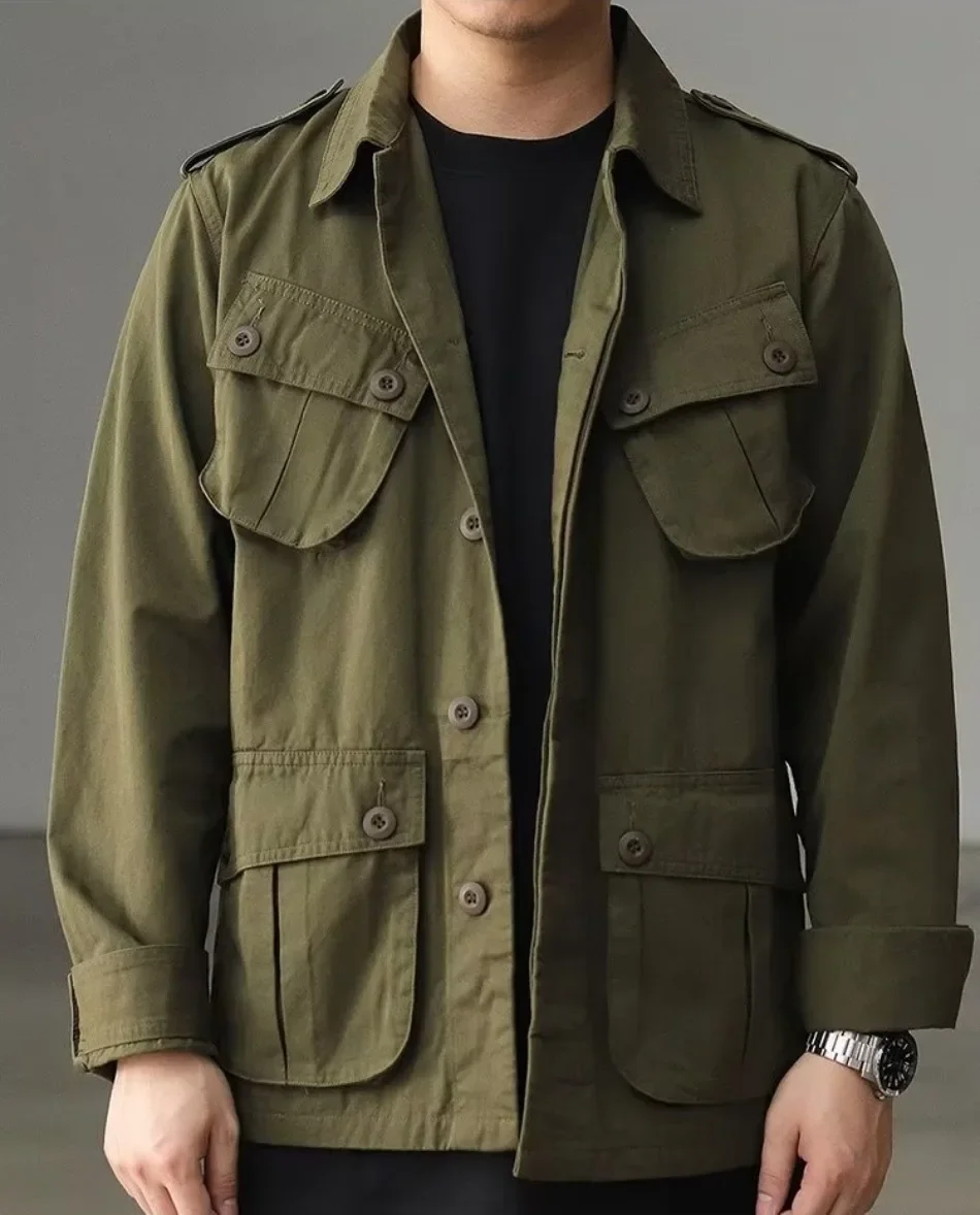 マルチポケット-m43-カーゴジャケットメンズ春秋アメリカンヴィンテージタクティカルコートラペル襟カジュアルファッション生き抜くグリーン
