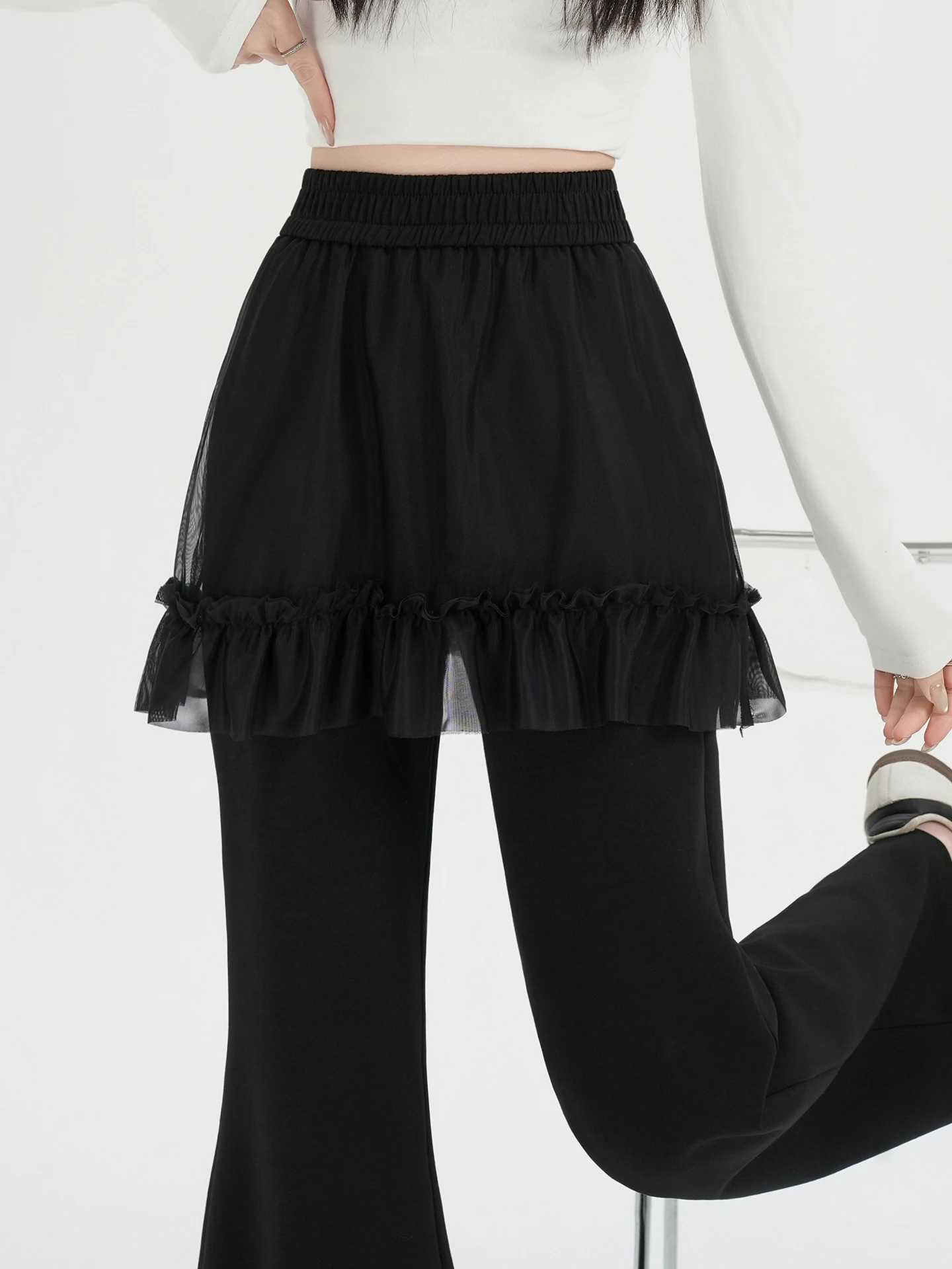 

Женские брюки с высокой талией, расклешенные, весенние, новые, маленькие размеры, с кружевной отделкой, широкие штанины, повседневные, прямые, длинные брюки