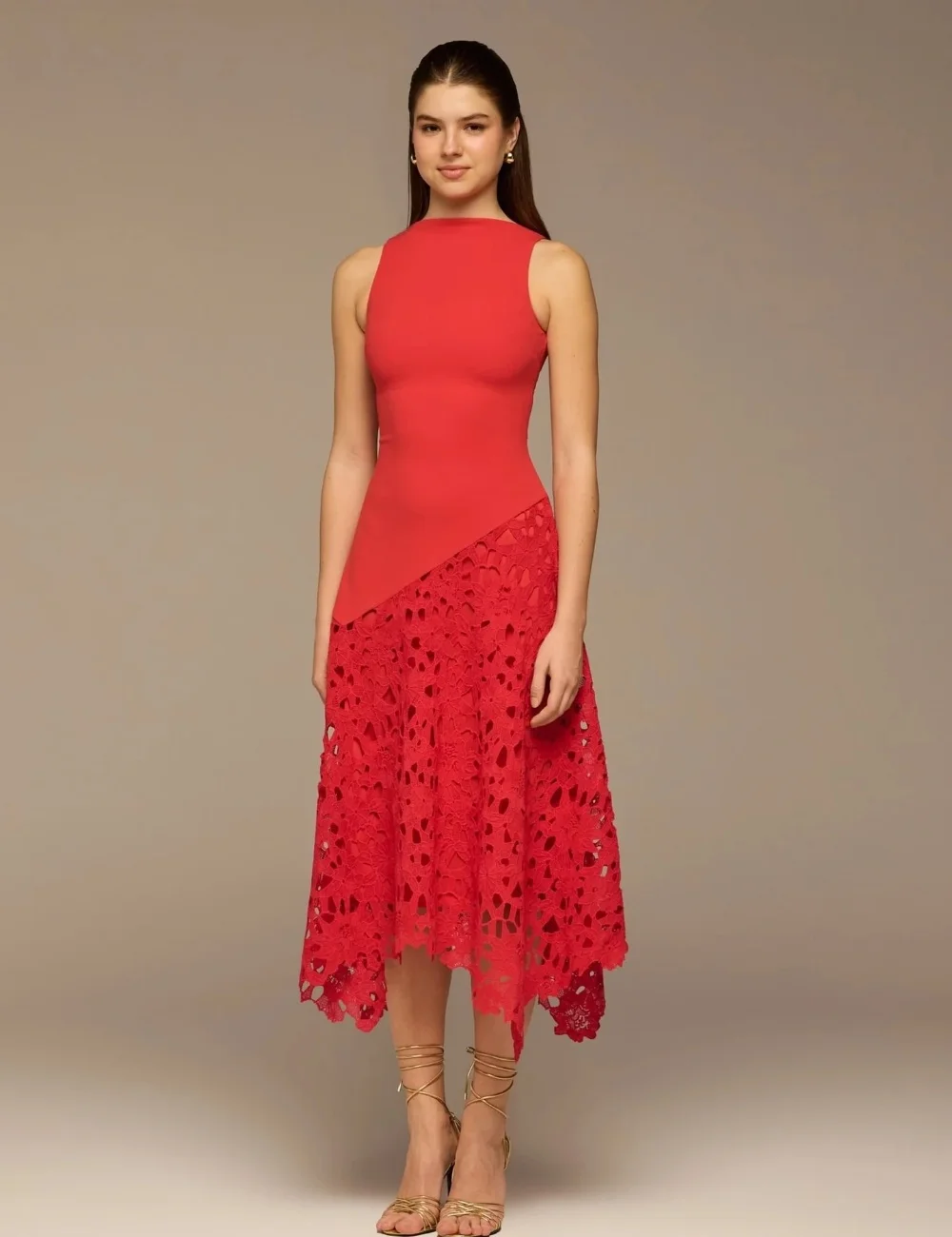 

Customized Red Charming Jersey Lace Pleat A-line High Collar Ankle Length Evening Dresses Sizes Available Exquisite for Woman