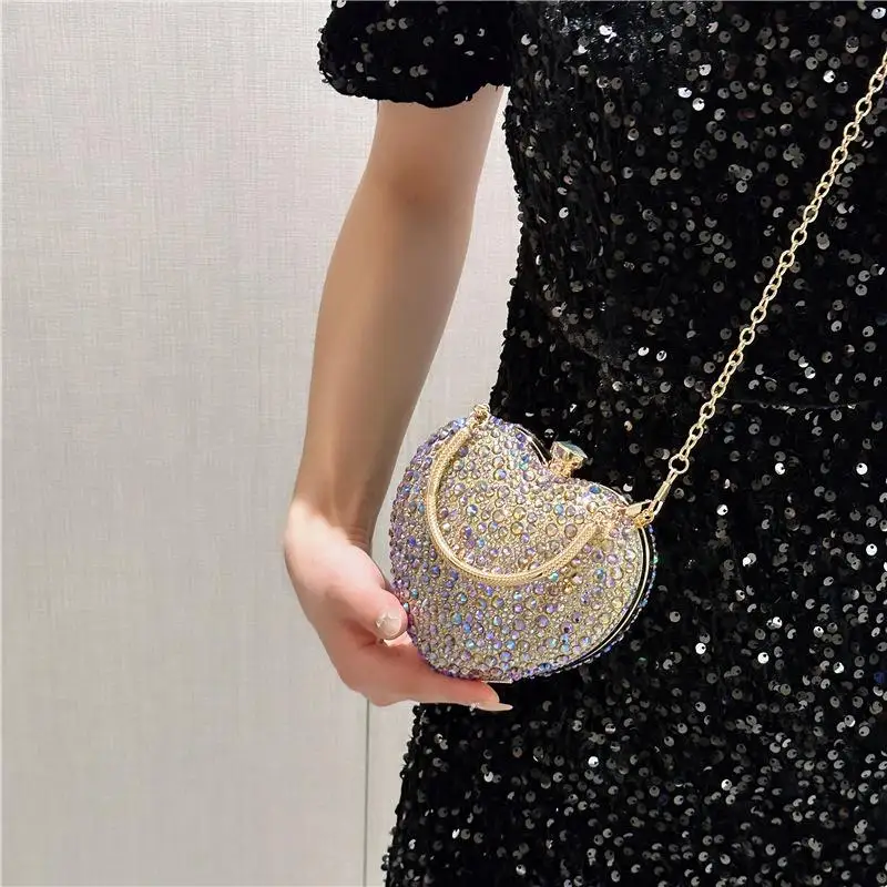 1Piece Rhinestone Mini Handbags Luxury Diamond Inlay Heart Shape Crystal Clutch Purse Evening Wedding Party Traveling Bag