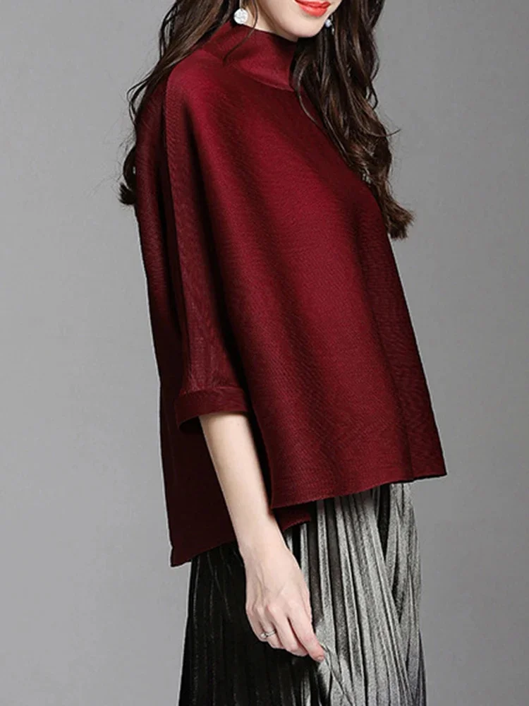 

Irregular Hem Pleated T-shirt For Women Stand Collar Three Quarter Sleeves Casual Tees Female 2025 New Fashion 2DC1320