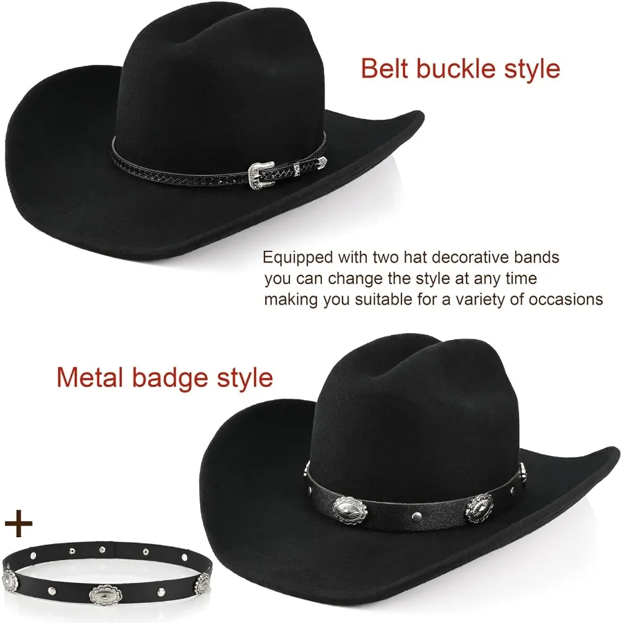 Cappello da cowboy western in 100 lana per uomo e donna: classico cappello Fedora realizzato in feltro premium con due fasce decorative, ideale per Ou