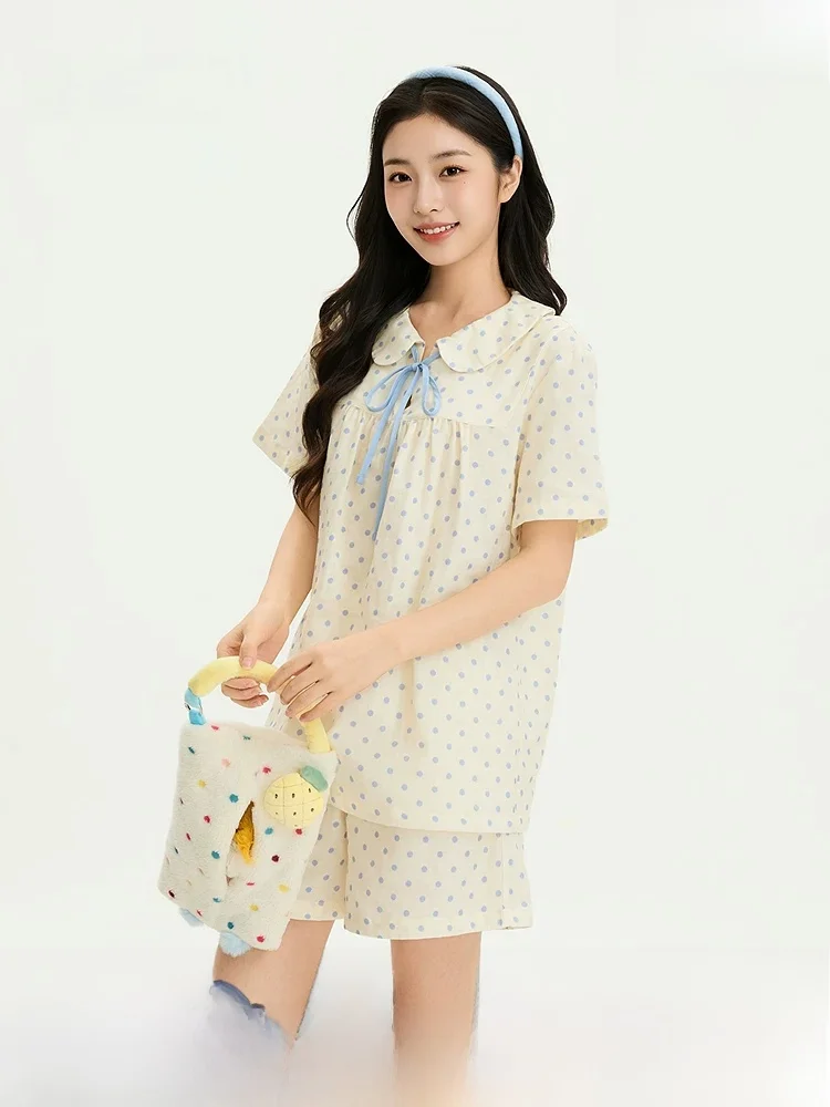 summer-sweet-loose-home-clothes-set-for-women-with-polka-dot-short-sleeve-and-shorts-doll-collar-cotton-pajamas-528255