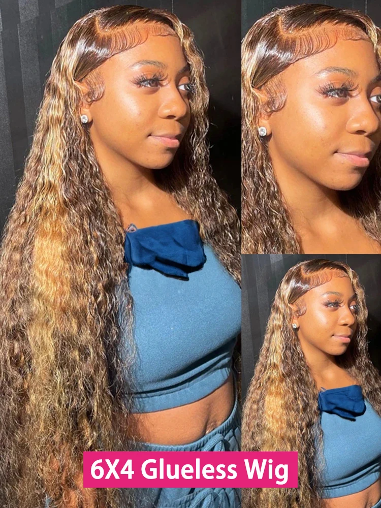 Highlight Ombre Curly 6x4 Glueless Wig Human Hair Ready To Wear Preplucked Hairline 4/27 Deep Wave Lace Closure Frontal Wig