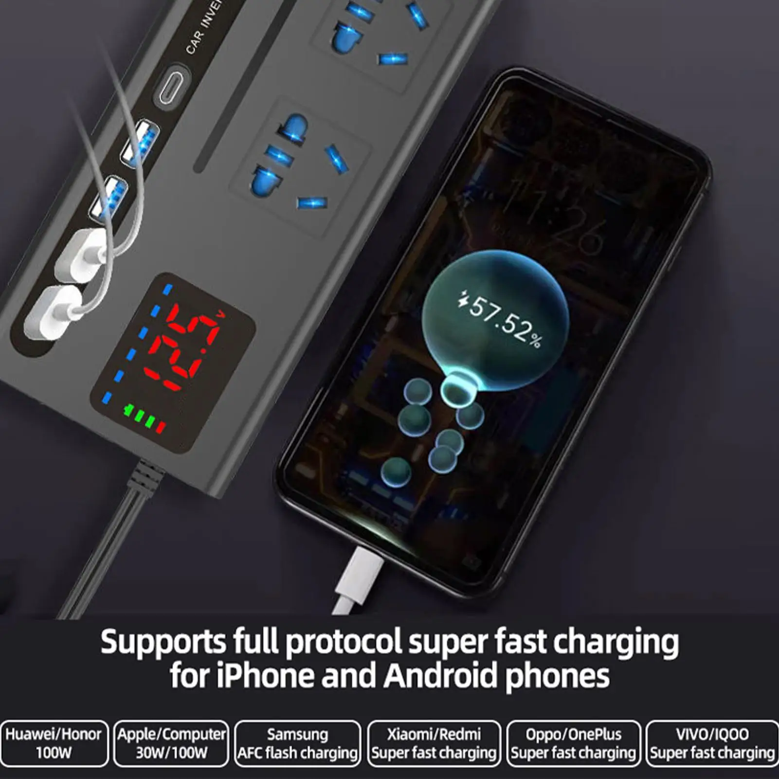 

Инвертор питания для автомобиля, 200 Вт, портативный адаптер-преобразователь, быстрая зарядка, ЖК-дисплей, автомобильный преобразователь питания с 5 портами для водителей