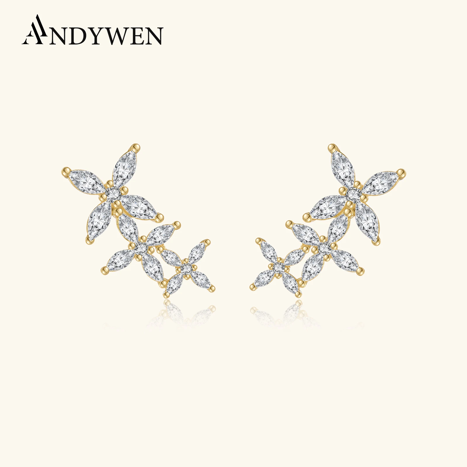 

ANDYWEN Серьги-гвоздики из стерлингового серебра 925 пробы с многослойным цветком и кубическим цирконием, роскошные свадебные аксессуары 2025 года и ежедневный гламур