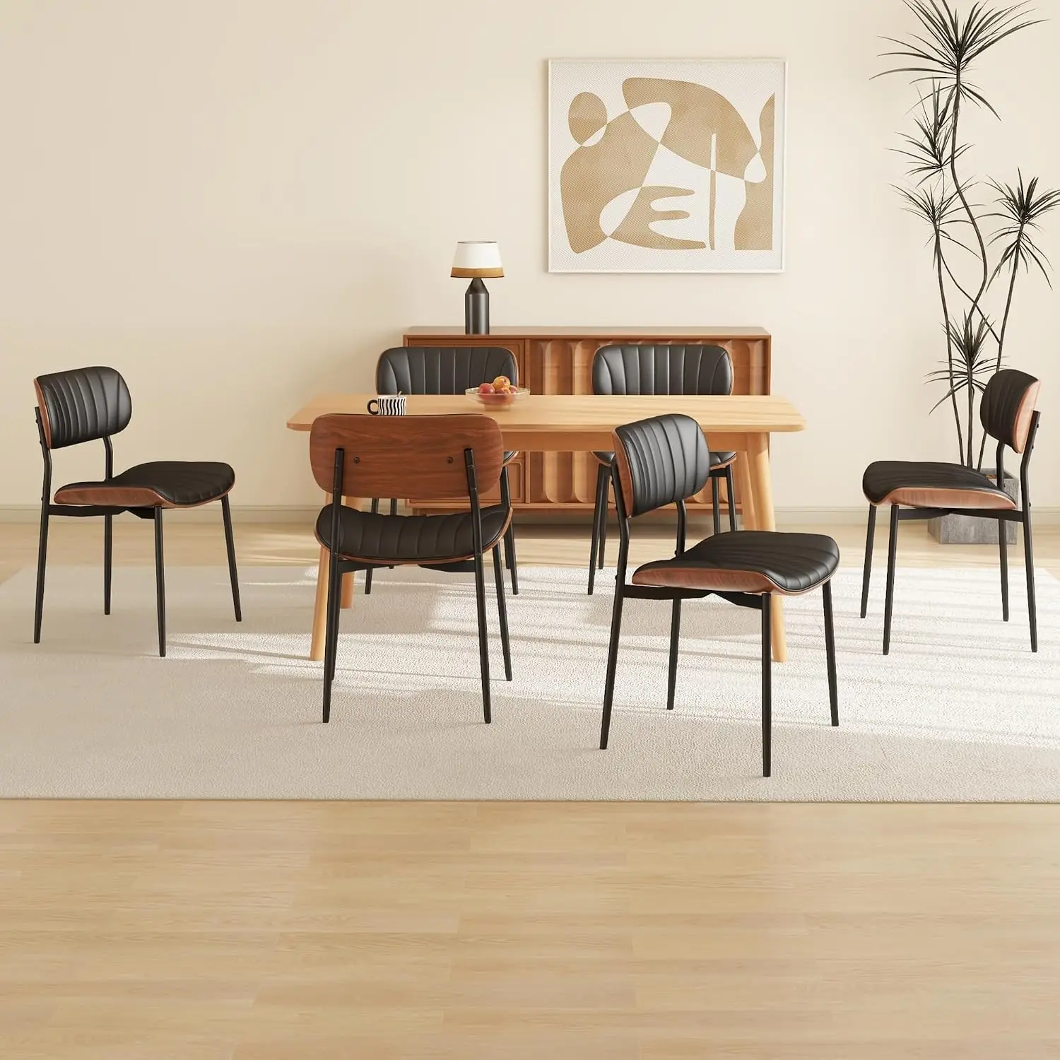 PU Leather Dining Chairs Set of 6 Walnut Bentwood Frame Black, Customized