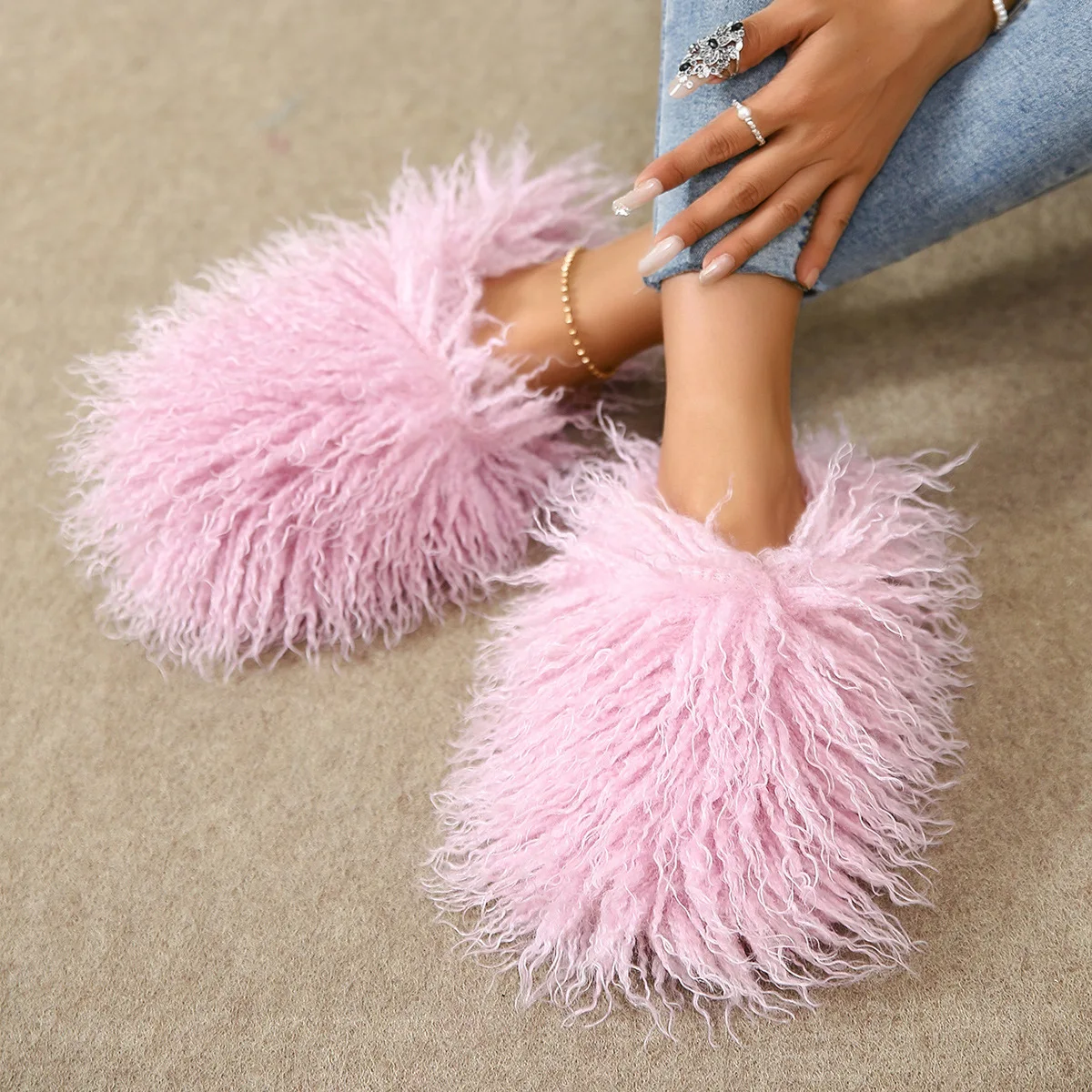 Imitation Wool Slippers Women Men Warm Autumn Winter Home Cotton Slippers Couple Mongolian Fur Slides Fashion Festival Fun Shoes