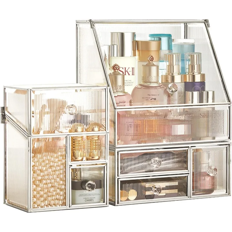 Stackable 3Pieces Drawer Set Glass Makeup Organizer Antique Countertop Vanity Cosmetic Storage Box