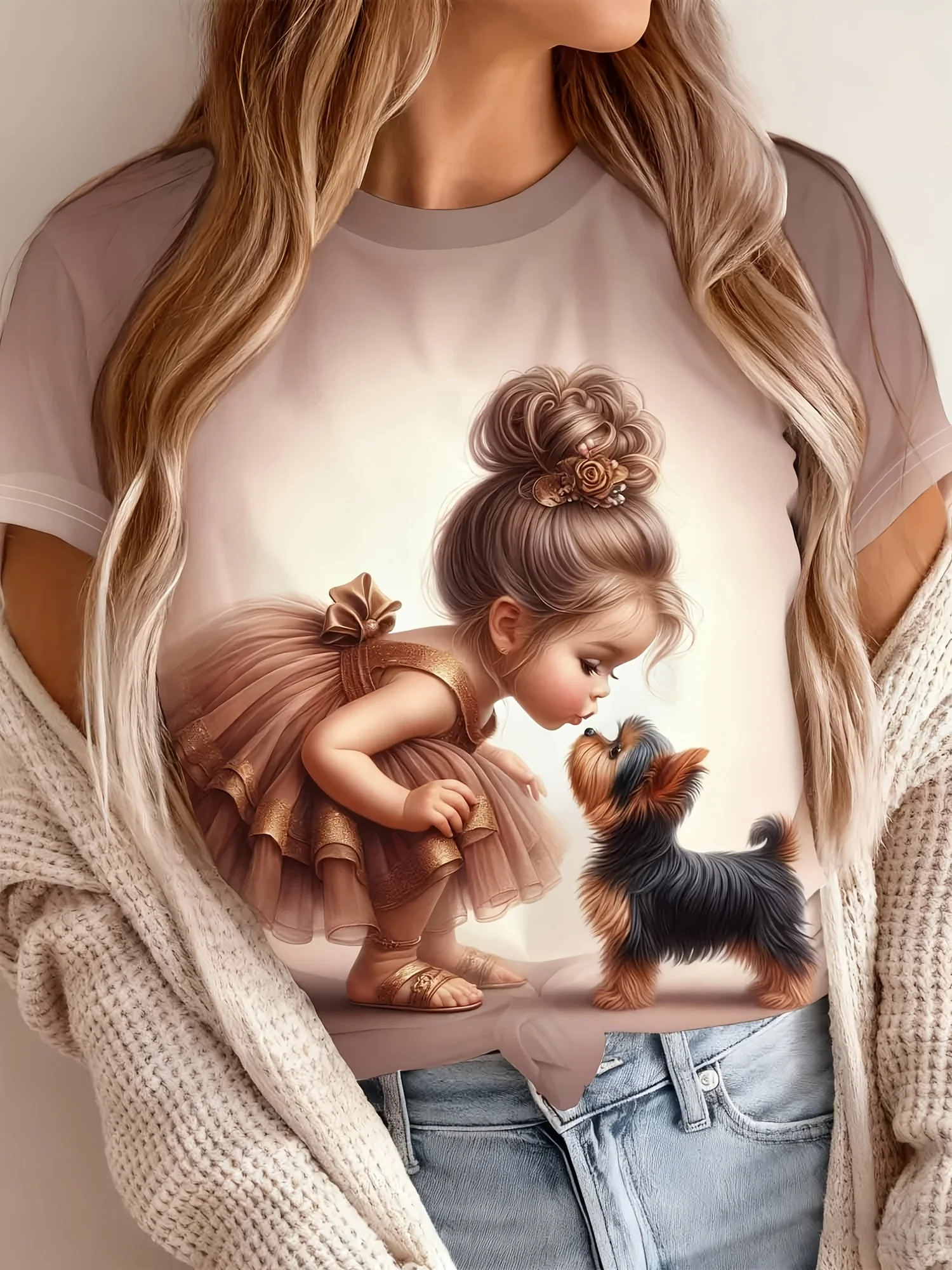 Women Crew Neck Short Sleeve T‑Shirt, Cute Little Ballerina Girl Kiss Yorkshire Puppy Graphic Print Casual Summer Tee