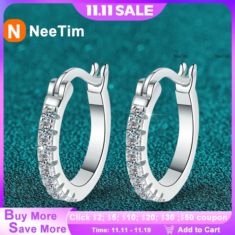 

NeeTim Full D Color Moissanite Earring 925 Sterling Sliver with Plated White Gold Hoop Earring for Women Wedding Party Jewelry
