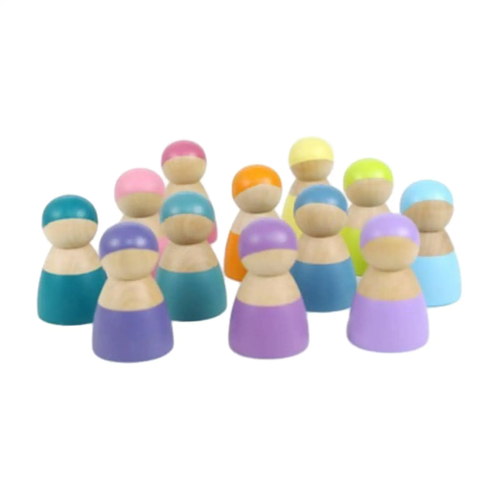 12Pcs Rainbow Wood Peg Dolls Pretend Play People Figures for Table Party Rainbow Building Blocks Birthday Holiday Present