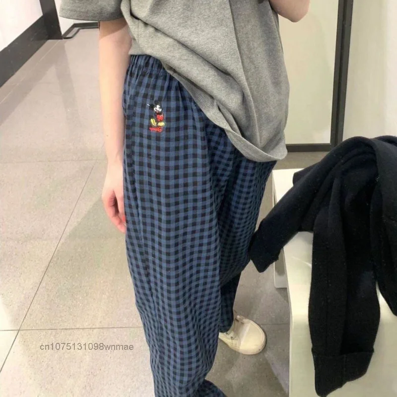 Disney Tiktok Mickey Plaid Casual Pants for Women Y2k Embroided Cartoon Summer Thin New High Waist Loose Home Trousers