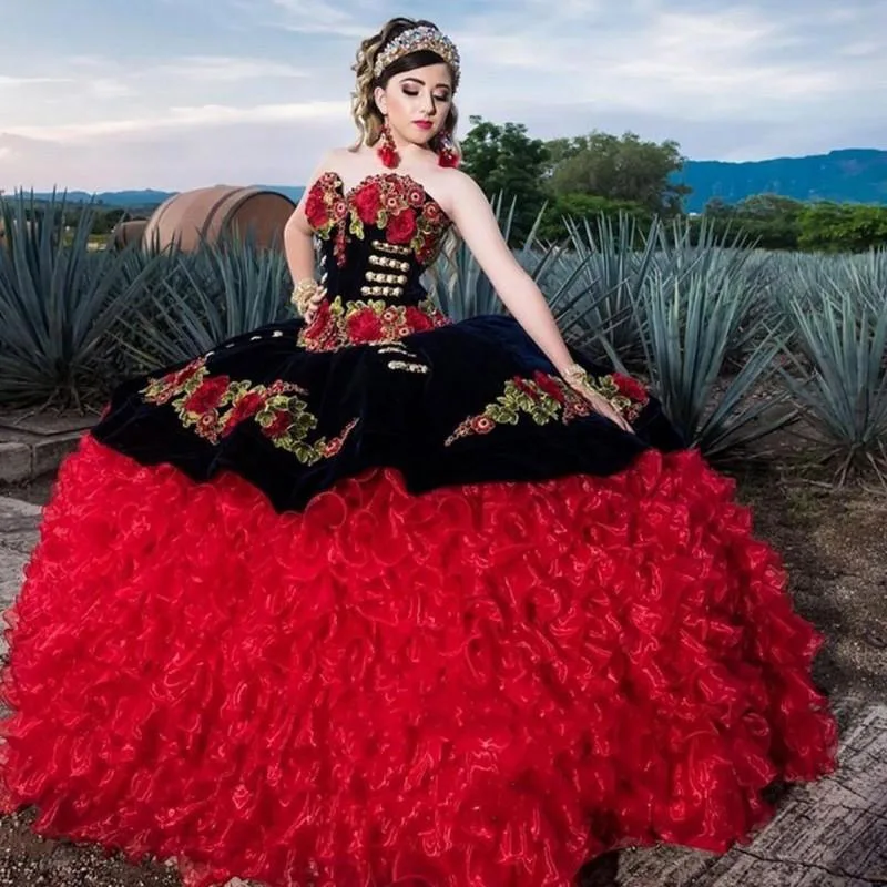 Princess Black and Red Quinceanera Dresses Organza Ruffles Skirt Sweet 16 Dress vestido de 15 anos Prom Party Gowns Customized